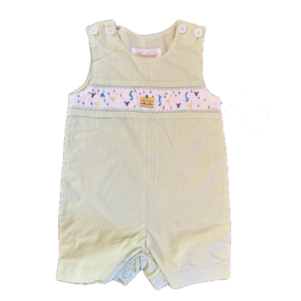 New Strasburg Boys Green Smocked Birthday Shortall / Bubble, Size 6M